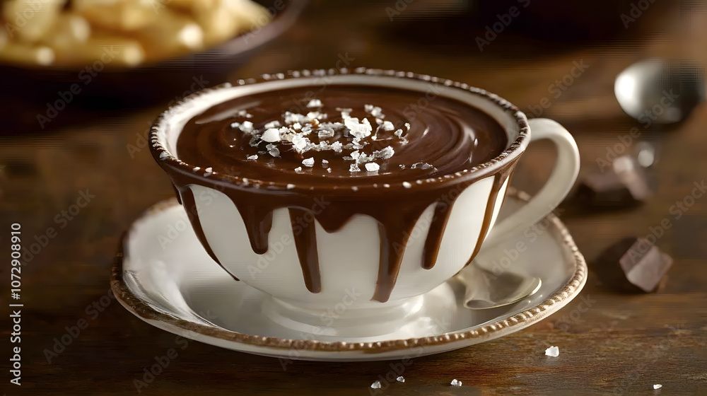 Rich hot chocolate drizzled with caramel and garnished with sea salt. Rich hot chocolate drizzled with caramel and garnished with sea salt.