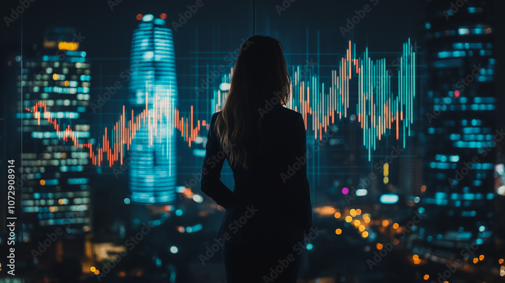 Abstract business woman stands on the peak of success amid tall, innovative Smart city and graphs with statistics to analyze business potential and predict future developments in company growth. Abstract business woman stands on the peak of success amid tall, innovative Smart city and graphs with statistics to analyze business potential and predict future developments in company growth.