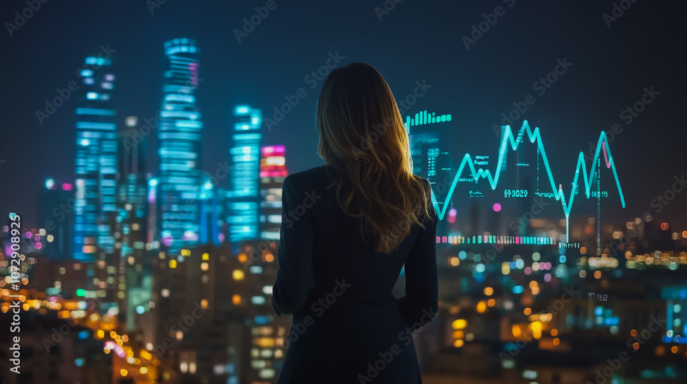 Abstract business woman stands on the peak of success amid tall, innovative Smart city and graphs with statistics to analyze business potential and predict future developments in company growth. Abstract business woman stands on the peak of success amid tall, innovative Smart city and graphs with statistics to analyze business potential and predict future developments in company growth.