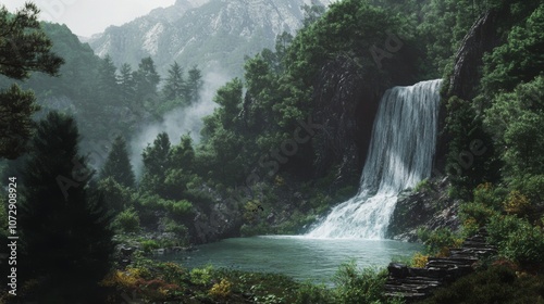 A secluded waterfall surrounded by dense forest in the Tibetan Plateau