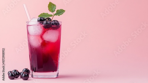 Blackcurrant-infused iced tea in a clear glass, isolated on a soft pink background, with a sprig of blackcurrants