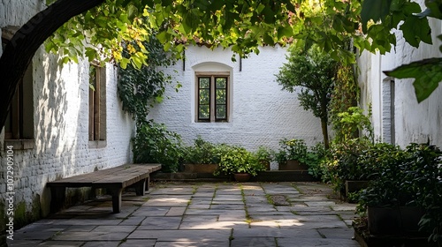 Church in the Medieval white houses in the Princely Beguinage Ten Wijngaerde in Bruges photo