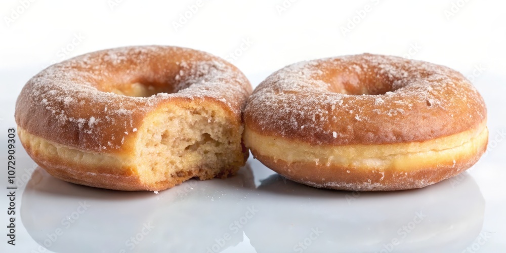 A close-up view of two glazed doughnuts, one with a bite taken out, sitting on a white surface. The doughnuts are dusted with powdered sugar and have a golden brown color. A close-up view of two glazed doughnuts, one with a bite taken out, sitting on a white surface. The doughnuts are dusted with powdered sugar and have a golden brown color.