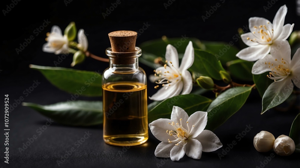 Aesthetic bottle of essential oil on a black silk background. Jasmine on the side. Aesthetic bottle of essential oil on a black silk background. Jasmine on the side.
