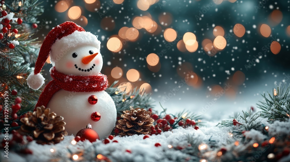 A cheerful snowman wearing a red hat and scarf amidst snowy pine branches and festive lights. A cheerful snowman wearing a red hat and scarf amidst snowy pine branches and festive lights.