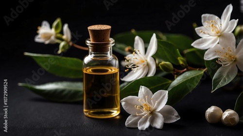 Aesthetic bottle of essential oil on a black silk background. Jasmine on the side.