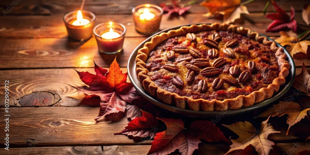 Autumnal Feast A pecan pie nestled amidst fallen leaves and warm candlelight on a rustic wooden table. Autumnal Feast A pecan pie nestled amidst fallen leaves and warm candlelight on a rustic wooden table.