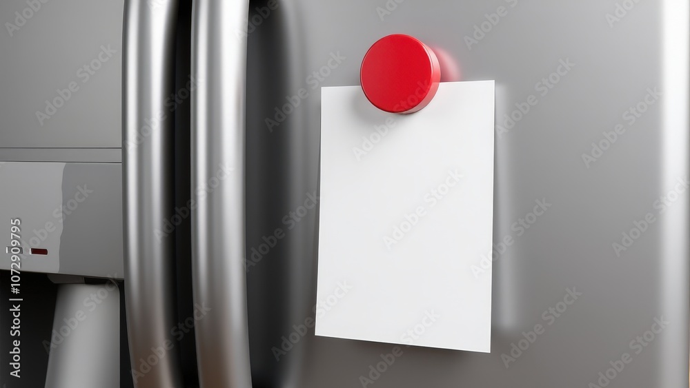 This 3D refrigerator magnet mockup features a red round magnet holding a blank white note on a stainless steel door.