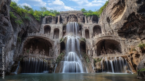 A cascading waterfall in the Longmen Grottoes, near the Yellow River in China photo