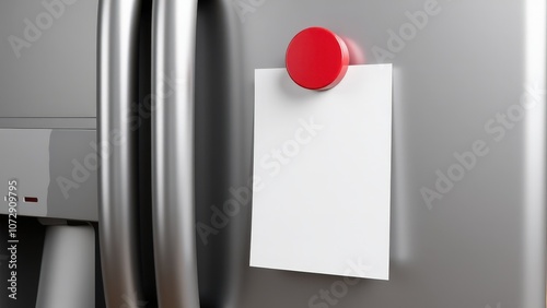 Obraz na płótnie This 3D refrigerator magnet mockup features a red round magnet holding a blank white note on a stainless steel door. w salonie