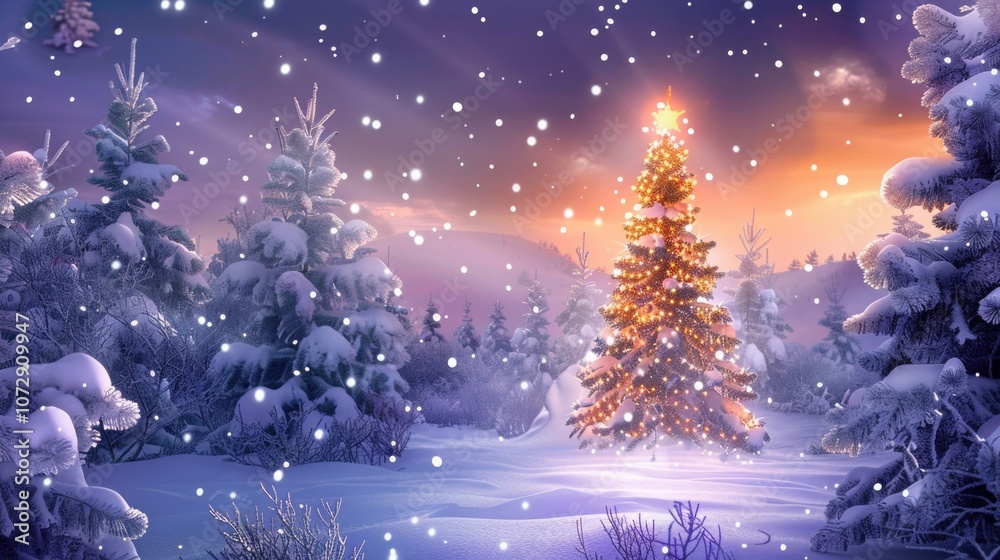 A beautiful Christmas tree stands in a snowy forest, lights sparkle, snowflakes fall, and the sky is a vibrant purple and orange, creating a festive and joyful atmosphere. A beautiful Christmas tree stands in a snowy forest, lights sparkle, snowflakes fall, and the sky is a vibrant purple and orange, creating a festive and joyful atmosphere.