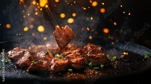 Sizzling Korean BBQ with beef and pork, top view, under bright studio lights for a professional food image