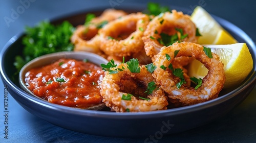 Crispy Calamari with Marinara Sauce and Lemon Wedges Recipe