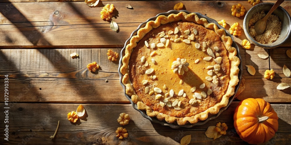 A golden pumpkin pie, a symbol of autumn, rests on a rustic wooden table, bathed in warm sunlight. A golden pumpkin pie, a symbol of autumn, rests on a rustic wooden table, bathed in warm sunlight.
