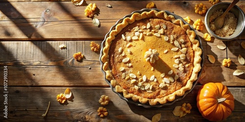 A golden pumpkin pie, a symbol of autumn, rests on a rustic wooden table, bathed in warm sunlight.