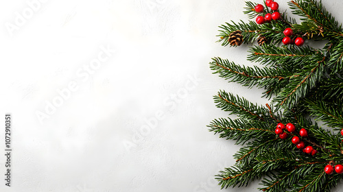 Festive pine branches with red berries and cones