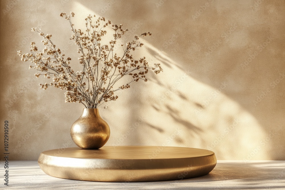3D render a gleaming golden podium or table with a stylish vase contain decor dry flowers. Beige wall in background, beautiful morning sunlight, shadow. Space, Blank, with generative ai 3D render a gleaming golden podium or table with a stylish vase contain decor dry flowers. Beige wall in background, beautiful morning sunlight, shadow. Space, Blank, with generative ai