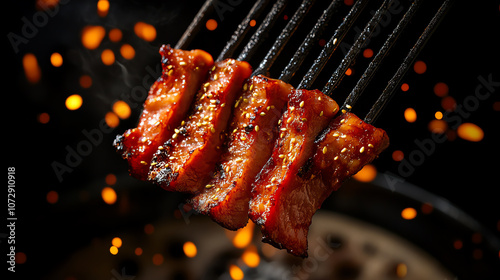 Korean BBQ meats, closeup top view, vibrant textures, arranged with studio lighting for an appetizing, commercialgrade image photo