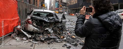 A damaged car sits in a city street while a person takes a photo, surrounded by construction barriers and debris.