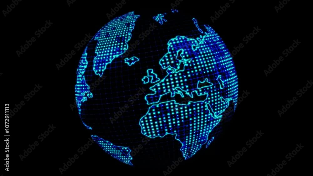 Digital Earth rotating animation, blue planet earth network connection on black background suitable for presentations about data transfer technology, communication networks, and cyberspace.