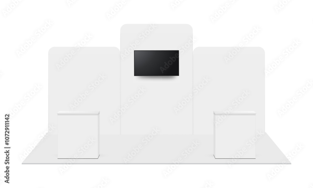 Blank Trade Show Display Booth With TV Monitor And Counters, Front View, Isolated On White Background. Vector Illustration