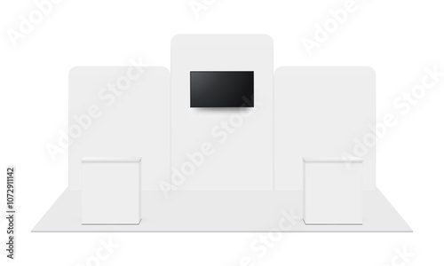 Blank Trade Show Display Booth With TV Monitor And Counters, Front View, Isolated On White Background. Vector Illustration