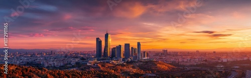 Stunning sunset over a vibrant city skyline with modern skyscrapers and distant hills in the backdrop