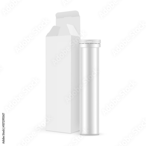 Opened Paper Packaging Box With Tall Effervescent Tablets Tube, Isolated On White Background. Vector Illustration