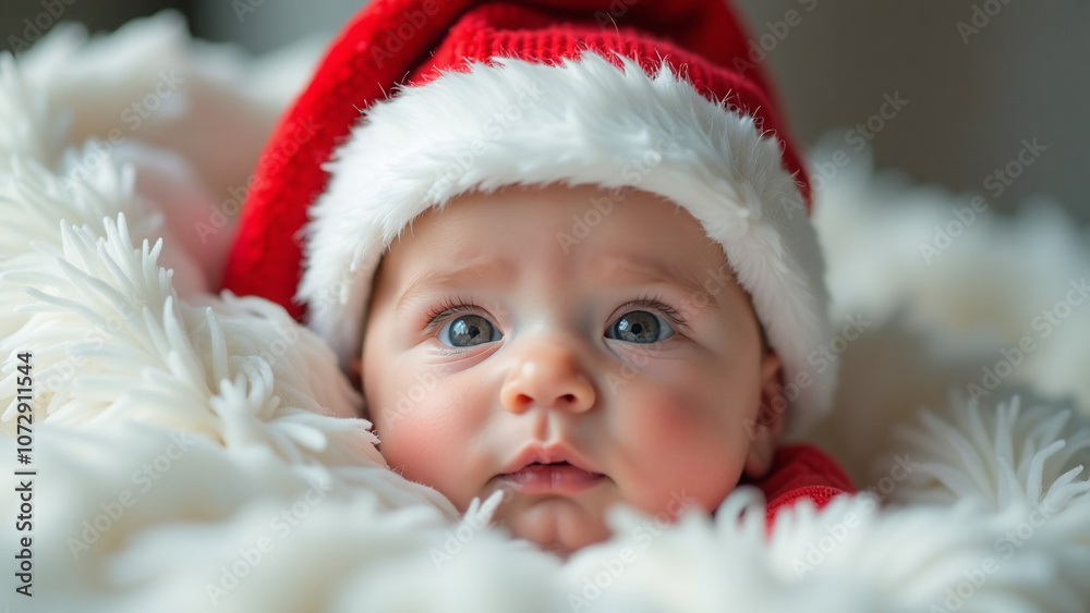 Newborn baby with beautiful eyes in Santa hat lies on white blanket. Christmas, New Year. New Year's holidays. Card. Wallpaper. Design. Newborn baby with beautiful eyes in Santa hat lies on white blanket. Christmas, New Year. New Year's holidays. Card. Wallpaper. Design.