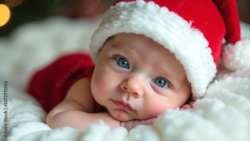Newborn baby with beautiful eyes in Santa hat lies on white blanket. Christmas, New Year. New Year's holidays. Card. Wallpaper. Design. Newborn baby with beautiful eyes in Santa hat lies on white blanket. Christmas, New Year. New Year's holidays. Card. Wallpaper. Design.