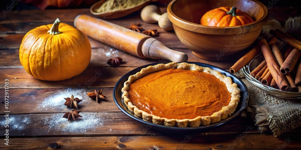 A freshly baked pumpkin pie, surrounded by the ingredients used to make it pumpkins, cinnamon sticks, star anise, and flour. A freshly baked pumpkin pie, surrounded by the ingredients used to make it pumpkins, cinnamon sticks, star anise, and flour.