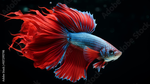 vibrant betta fish displays its stunning red and blue fins, gracefully swimming through water. intricate details of its flowing fins create mesmerizing visual effect, showcasing beauty of aquatic