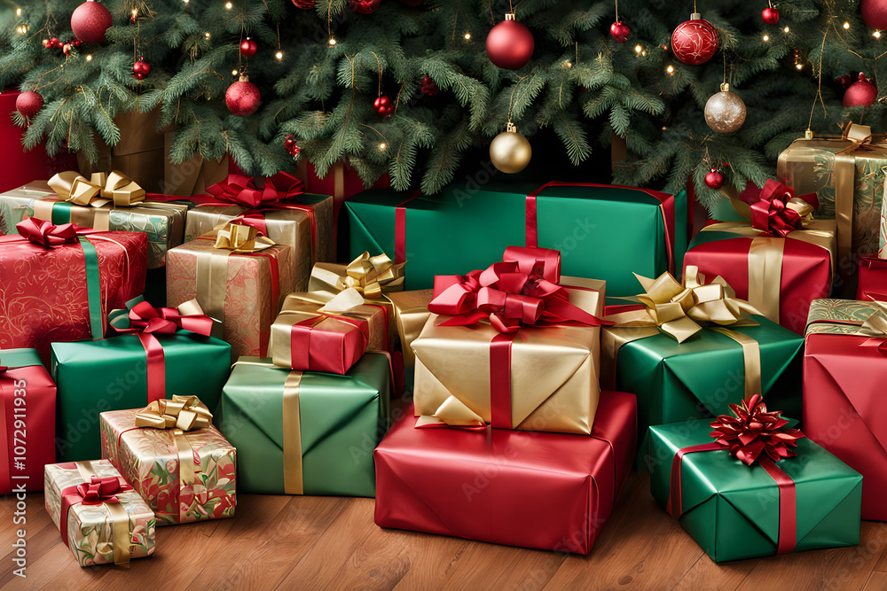 Rows of christmas presents with red green and gold wrapping under a tree, Ai generated Rows of christmas presents with red green and gold wrapping under a tree, Ai generated