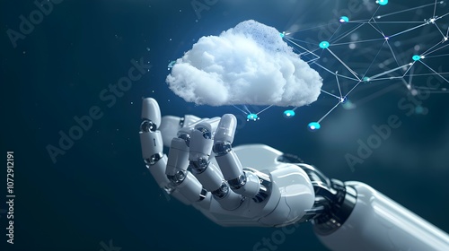 Robot hand Connection in a Digital Landscape with Cloud computing for data storage and transfer for safety Cloud icon with data icon with Blue glowing cloud with a circuit board below it cloud concept