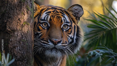 Tiger Marking Territory High-detail image of a tiger rubbing its face against a tree, leaving its scent, surrounded by dense forest and dramatic shadows photo