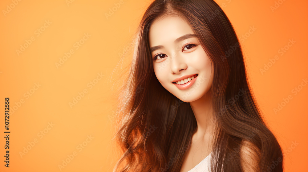 Portrait of smiling asian teenager girl orange background. Portrait of smiling asian teenager girl orange background.