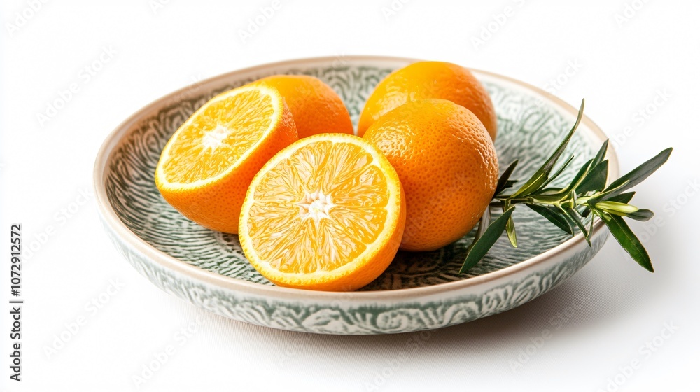 Tangerine slices on ceramic plate with decorative sprigs, isolated on a smooth white background Tangerine slices on ceramic plate with decorative sprigs, isolated on a smooth white background