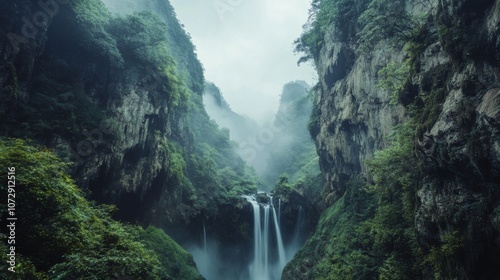 A foggy waterfall near the city of Guilin, framed by towering limestone mountains