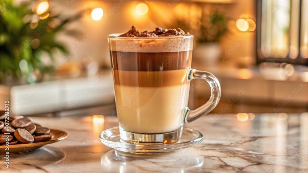 A warm and inviting cup of layered coffee, topped with a sprinkle of chocolate shavings, rests on a clear saucer on a marble countertop, illuminated by soft, warm light from the background. A warm and inviting cup of layered coffee, topped with a sprinkle of chocolate shavings, rests on a clear saucer on a marble countertop, illuminated by soft, warm light from the background.