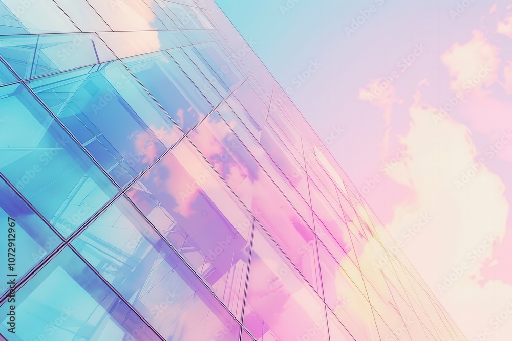 Obraz premium Modern glass building reflecting vibrant sky colors.