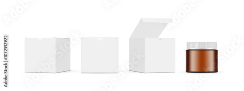 Plastic Amber Jar With Square Boxes, Opened And Closed Lid, Isolated On White Background. Vector Illustration