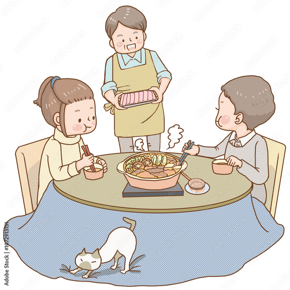 家族ですき焼きを食べるイラスト 家族ですき焼きを食べるイラスト