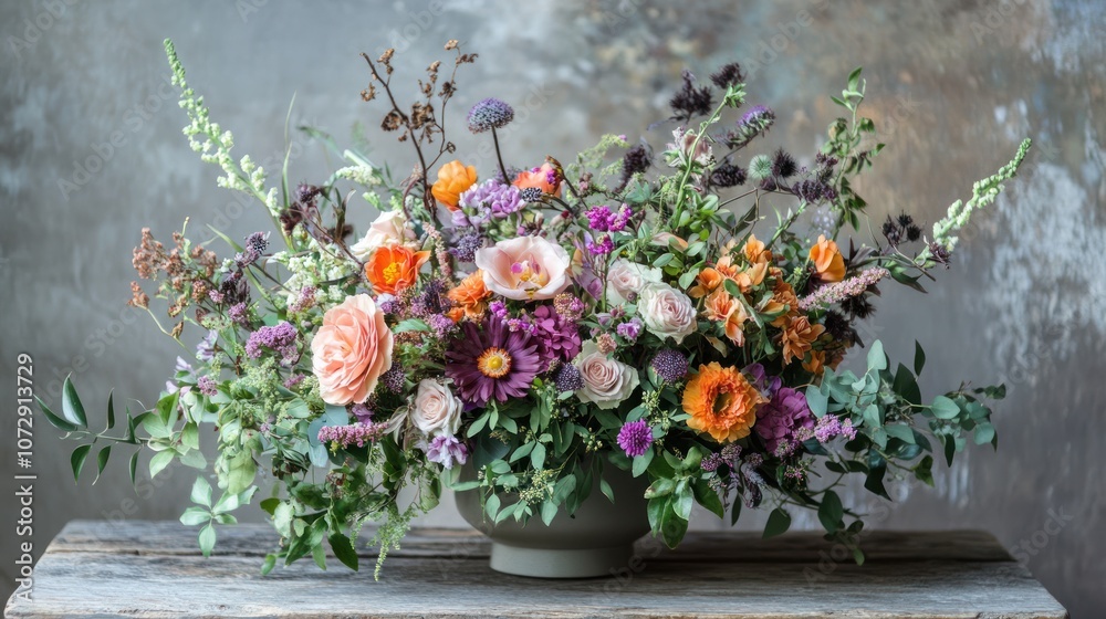 A large, vibrant flower arrangement in a gray bowl sits on a rustic wooden table with a textured background. A large, vibrant flower arrangement in a gray bowl sits on a rustic wooden table with a textured background.