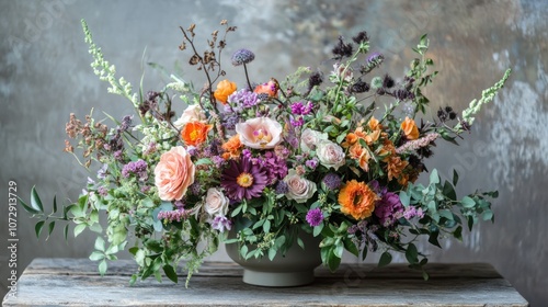 A large, vibrant flower arrangement in a gray bowl sits on a rustic wooden table with a textured background.
