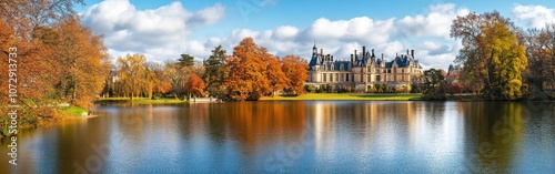 Stunning autumn view of Château de Fontainebleau with vibrant gardens and tranquil lake in Île-de-France