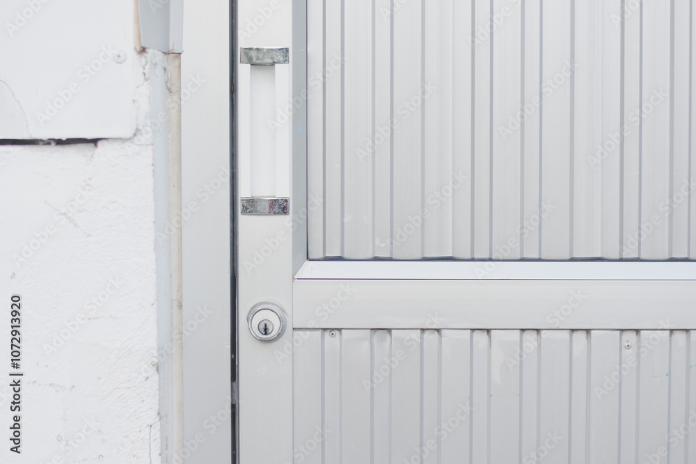 close-up view of a metallic door with vertical ridges. The door has a keyhole and a handle on the left side. The door appears to be part of a building with a white exterior wall. close-up view of a metallic door with vertical ridges. The door has a keyhole and a handle on the left side. The door appears to be part of a building with a white exterior wall.