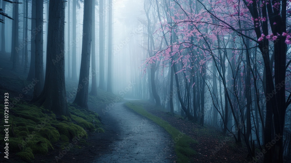 Fototapeta premium Misty forest path with blooming trees.