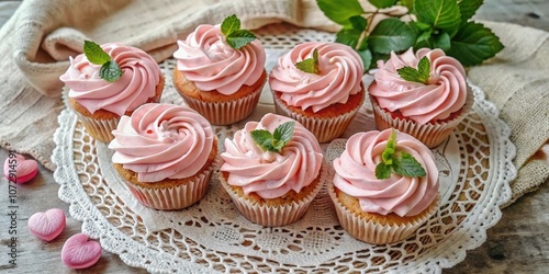 Delicate pink cupcakes topped with fluffy swirls of frosting and fresh mint leaves, artfully arranged on a lacy doily