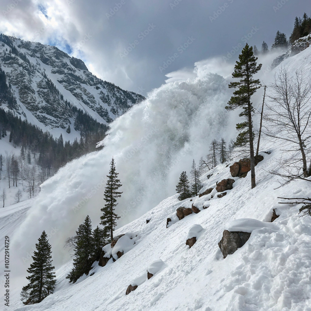 A powerful snow avalanche cascades down a mountainside, capturing the raw force of nature. Ideal for winter sports, adventure, or nature-themed imagery. A powerful snow avalanche cascades down a mountainside, capturing the raw force of nature. Ideal for winter sports, adventure, or nature-themed imagery.