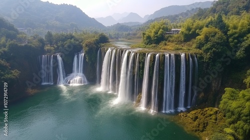 The majestic Nujiang River waterfalls, with dense bamboo forests photo